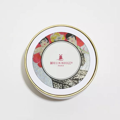 Round tin with Moulin Rouge Paris branding on a light gray background