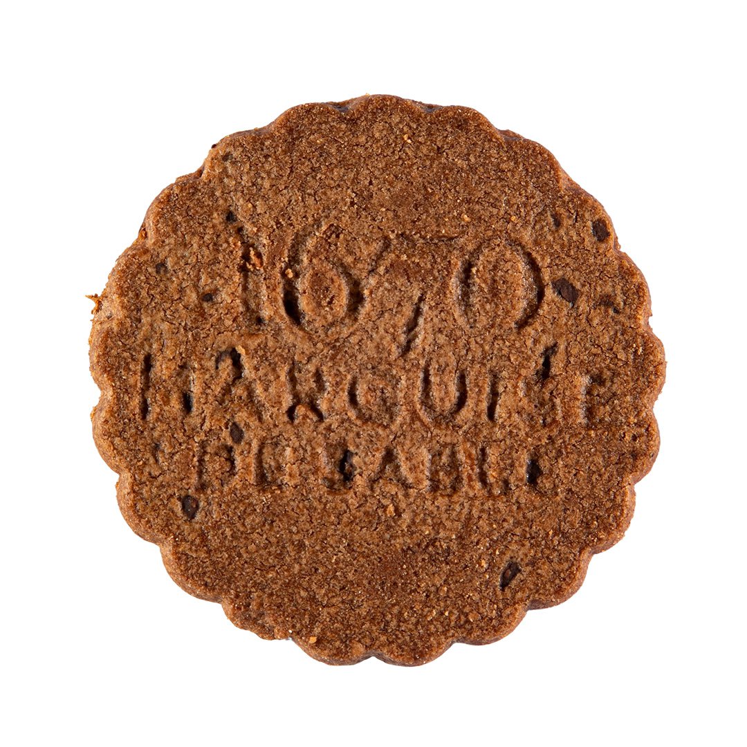 Brown cookie with embossed text on a white background