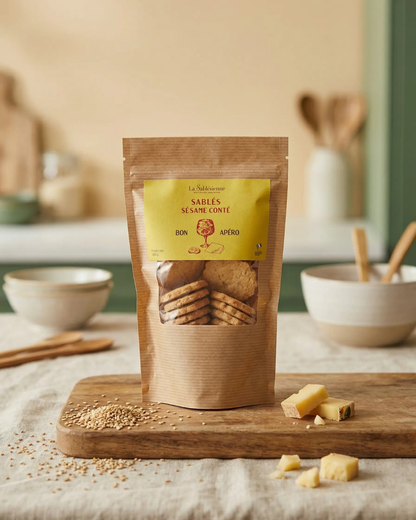 Packaged crackers on a wooden board with a kitchen background