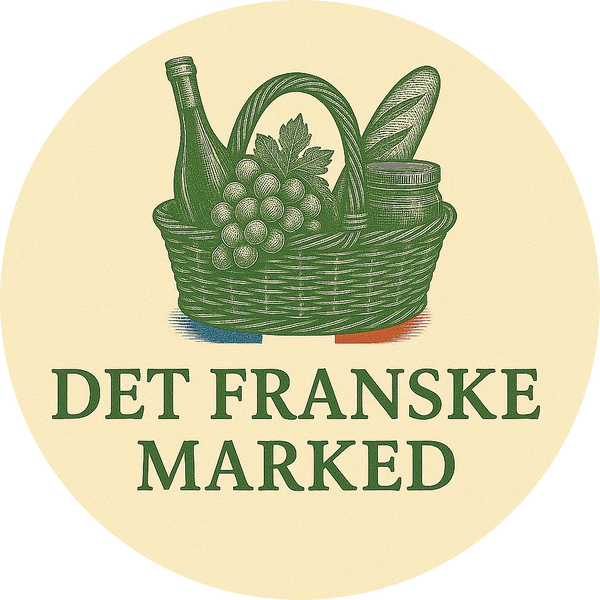 Circular logo with a basket of groceries and the text 'Det Franske Marked' on a beige background.