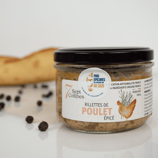 Jar of 'Rillettes de Poulet Epice' with a label on a white background