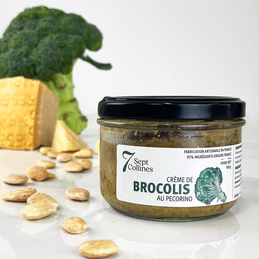 Jar of 'Crème de Brocolis au Pecorino' with broccoli and pecorino cheese on a white background